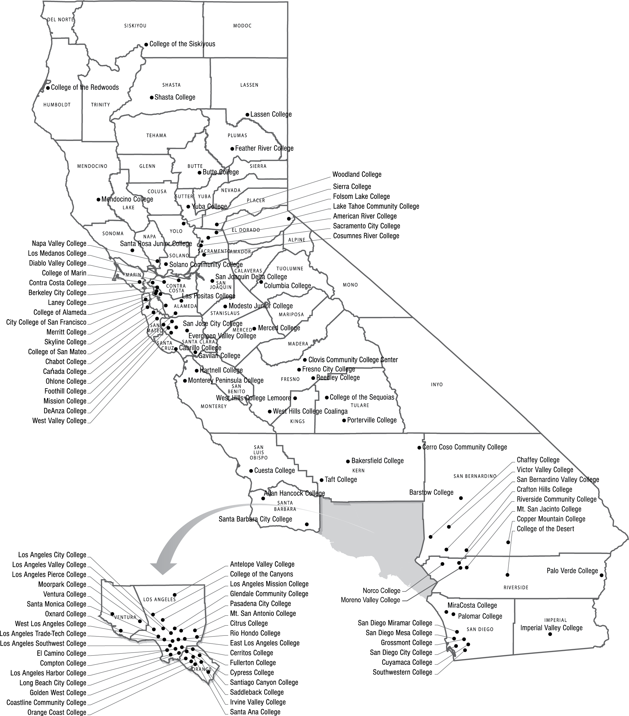State map showing the 114 California community colleges.